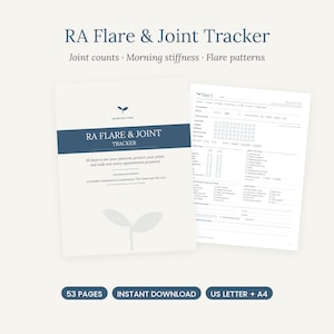 May include: A printable RA Flare & Joint Tracker document set featuring a cover page with dark blue accents and a detailed daily tracking sheet. The text includes RA Flare & Joint Tracker, joint counts, morning stiffness, and flare patterns.