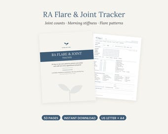 Peut inclure: Un ensemble de documents imprimables RA Flare & Joint Tracker comprenant une page de couverture avec des accents bleu foncé et une fiche de suivi quotidienne détaillée. Le texte inclut RA Flare & Joint Tracker, joint counts, morning stiffness, flare patterns.