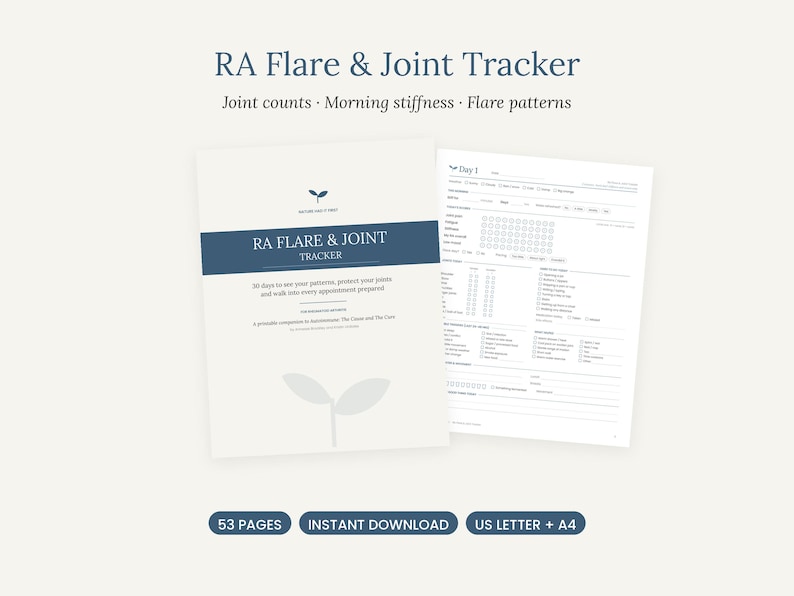 May include: A printable RA Flare & Joint Tracker document set featuring a cover page with dark blue accents and a detailed daily tracking sheet. The text includes RA Flare & Joint Tracker, joint counts, morning stiffness, and flare patterns.