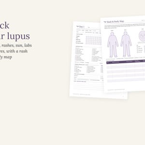 Peut inclure: Deux feuilles de papier blanc pr&eacute;sentant un suivi des sympt&ocirc;mes du lupus. Le texte indique : Track your lupus. Fatigue, rashes, sun, labs and flares, with a rash and body map. Les formulaires incluent des cases &agrave; cocher et un sch&eacute;ma corporel.