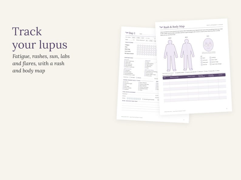Peut inclure: Deux feuilles de papier blanc pr&eacute;sentant un suivi des sympt&ocirc;mes du lupus. Le texte indique : Track your lupus. Fatigue, rashes, sun, labs and flares, with a rash and body map. Les formulaires incluent des cases &agrave; cocher et un sch&eacute;ma corporel.