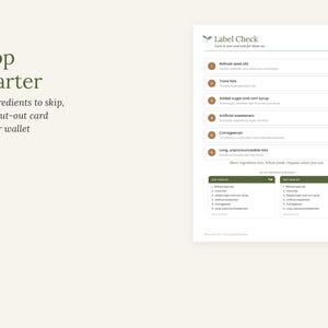 Pu&ograve; includere: Un foglio informativo bianco intitolato Shop smarter con il sottotitolo Six ingredients to skip, plus a cut-out card for your wallet. La pagina presenta un elenco Label Check di sei elementi da evitare, inclusi oli di semi raffinati.