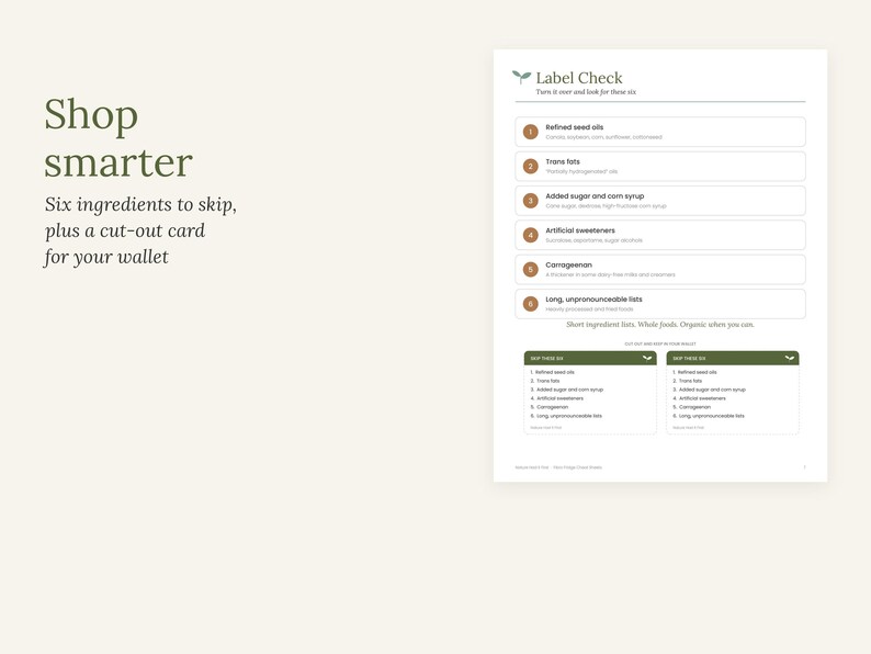 Pu&ograve; includere: Un foglio informativo bianco intitolato Shop smarter con il sottotitolo Six ingredients to skip, plus a cut-out card for your wallet. La pagina presenta un elenco Label Check di sei elementi da evitare, inclusi oli di semi raffinati.