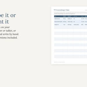 Puede incluir: Un formulario digital de seguimiento de medicamentos titulado Everything I Take con columnas para nombre, fuerza, frecuencia, dosis, m&eacute;dico y notas. El texto Type it or print it explica que el formulario es rellenable o imprimible.
