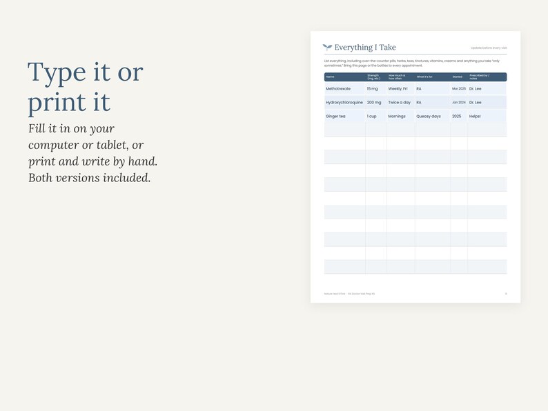 Puede incluir: Un formulario digital de seguimiento de medicamentos titulado Everything I Take con columnas para nombre, fuerza, frecuencia, dosis, m&eacute;dico y notas. El texto Type it or print it explica que el formulario es rellenable o imprimible.