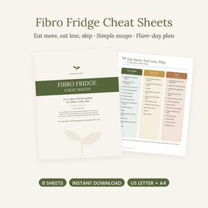 Pu&ograve; includere: Due fogli stampati intitolati Fibro Fridge Cheat Sheets con uno schema di colori verde e bianco. Il testo include Eat More, Eat Less, Skip, Simple swaps e Flare-day plan. I fogli forniscono guide da cucina per giorni pi&ugrave; facili con elenchi.