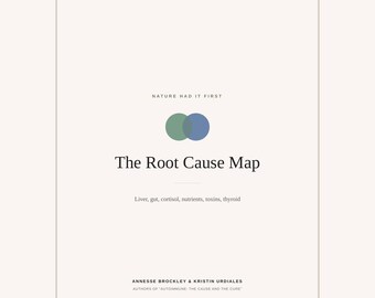 Peut inclure: Une couverture de livre sur fond crème avec le texte "NATURE HAD IT FIRST" au-dessus de deux cercles superposés vert et bleu. En dessous, le titre "The Root Cause Map" est inscrit, suivi de "Liver, gut, cortisol, nutrients, toxins, thyroid" et des noms des auteurs.