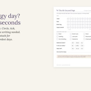 May include: A white printable symptom tracker page titled The 60-Second Page with rows for rating tired, pain, brain fog, and lupus overall from 1 to 10. It includes checkboxes for symptoms like rash, mouth sore, fever, swelling, joint pain, and Raynaud's.