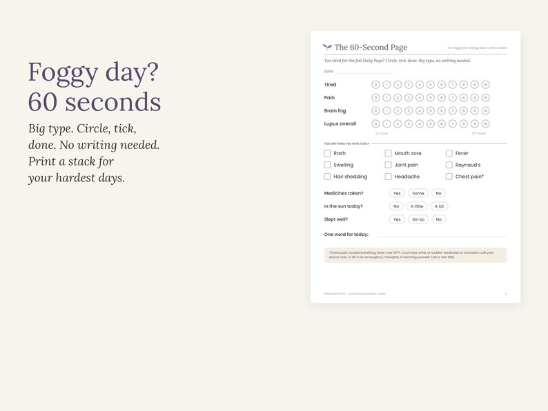 May include: A white printable symptom tracker page titled The 60-Second Page with rows for rating tired, pain, brain fog, and lupus overall from 1 to 10. It includes checkboxes for symptoms like rash, mouth sore, fever, swelling, joint pain, and Raynaud's.