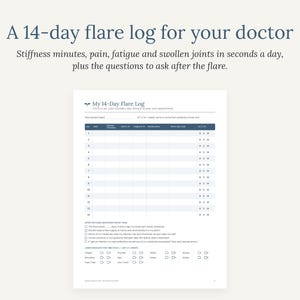 May include: A 14-day flare log document featuring a table to track stiffness, pain, fatigue, and swollen joints. The page includes a section for questions to ask a doctor and a diagram to mark affected body parts for medical record keeping.