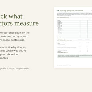 May include: A Monthly Symptom Self-Check document featuring a grid for tracking pain areas and symptoms over three months. The text includes headers like Track what doctors measure and instructions for monitoring health trends for medical appointments.