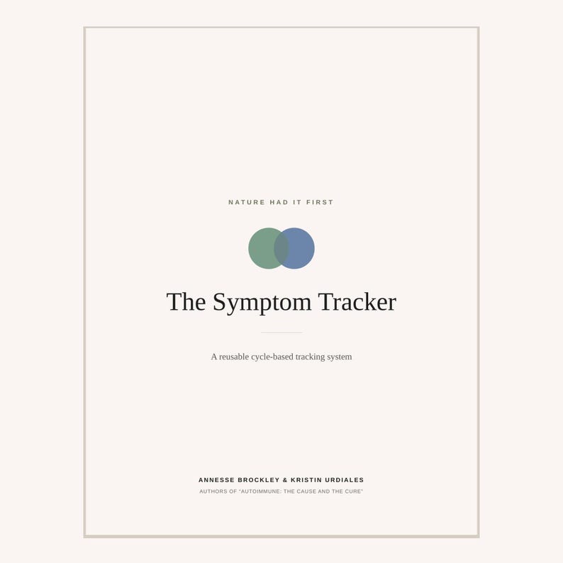 K&ouml;nnte beinhalten: Ein Buchcover mit cremefarbenem Hintergrund, das den Text Nature Had It First, The Symptom Tracker und A reusable cycle-based tracking system enth&auml;lt. Darunter sind die Autoren Annesse Brockley & Kristin Urdiales mit ihrem Buchtitel aufgef&uuml;hrt.