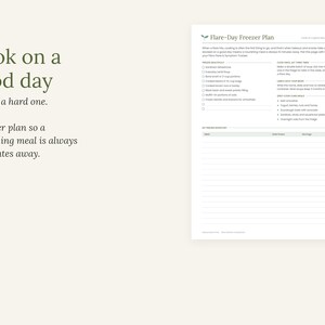 May include: A white document titled Flare-Day Freezer Plan with dark green text. The left side reads Cook on a good day, Rest on a hard one. A freezer plan so a nourishing meal is always 10 minutes away. The right side features a checklist and table.