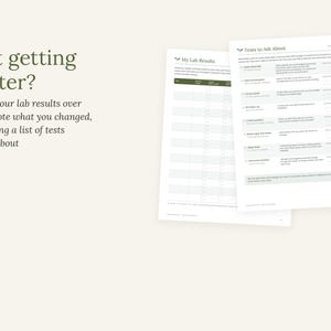 May include: Two white paper sheets with dark green text and headers. The left sheet is titled My Lab Results with a table for tracking data. The right sheet is titled Tests to Ask About with a checklist of medical questions and notes.