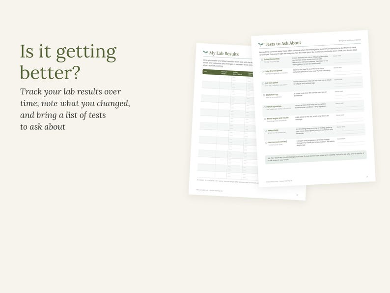 May include: Two white paper sheets with dark green text and headers. The left sheet is titled My Lab Results with a table for tracking data. The right sheet is titled Tests to Ask About with a checklist of medical questions and notes.