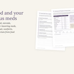 May include: Two white informational sheets titled Food and your lupus meds and Calcium & Vitamin D from Food. The documents feature dark purple text, tables listing food items with calcium content in milligrams, and lined sections for notes.