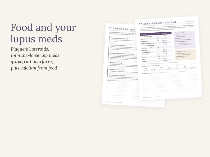 May include: Two white informational sheets titled Food and your lupus meds and Calcium & Vitamin D from Food. The documents feature dark purple text, tables listing food items with calcium content in milligrams, and lined sections for notes.