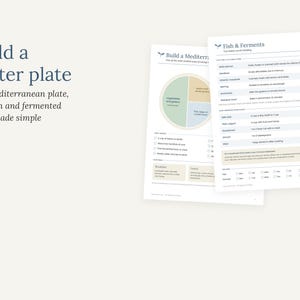 Peut inclure: Deux feuilles d'information blanches intitul&eacute;es Build a better plate et Fish & Ferments. Les documents pr&eacute;sentent un graphique circulaire illustrant les groupes alimentaires, des listes de poissons et d'aliments ferment&eacute;s.