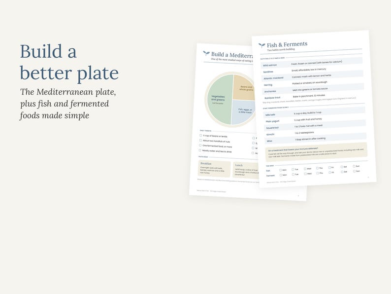 Peut inclure: Deux feuilles d'information blanches intitul&eacute;es Build a better plate et Fish & Ferments. Les documents pr&eacute;sentent un graphique circulaire illustrant les groupes alimentaires, des listes de poissons et d'aliments ferment&eacute;s.