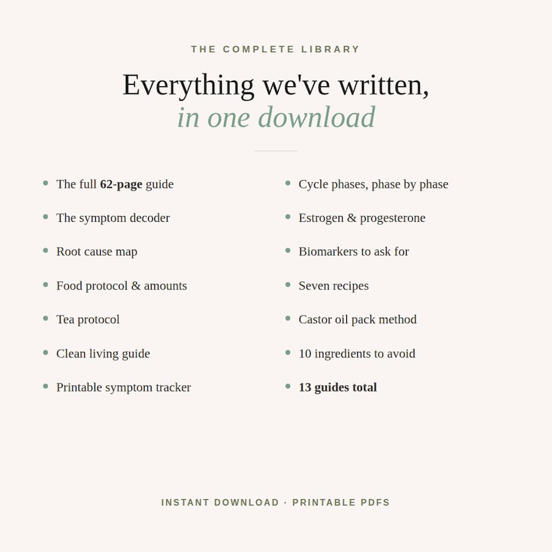 Op de afbeelding: Een digitaal document getiteld The Complete Library: Everything we've written, in one download. Het bevat 13 gidsen, waaronder een gids van 62 pagina's, een symptoomdecoder, een oorzakenkaart, voedingsprotocollen en een theeprotocol.