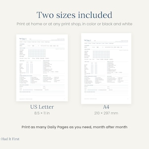 May include: Two printable daily planner pages in US Letter 8.5 x 11 in and A4 210 x 297 mm sizes. The white pages feature black text with sections for daily tracking, goals, and notes. Text includes Two sizes included, Print at home or at any print shop, in colour or black and white, US Letter, A4, Print as many Daily Pages as you need, month after month, and Nature Had It First.