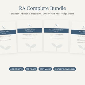 May include: A digital bundle titled RA Complete Bundle featuring four documents: RA Flare & Joint Tracker, RA Kitchen Companion, RA Doctor Visit Prep Kit, and RA Fridge Cheat Sheet. Each page includes a small sprout icon and dark blue headers.