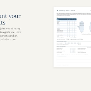 May include: A Monthly Joint Check document featuring a 28-joint count table, hand diagrams, and an everyday-tasks score section. The text reads Count your joints, The 28-joint count many rheumatologists use, with hand diagrams and an everyday-tasks score.