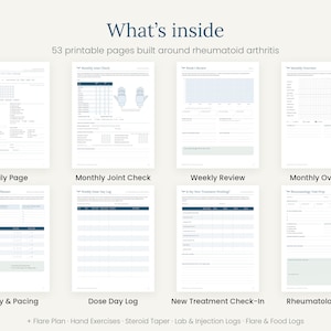May include: A set of 53 printable planner pages for tracking rheumatoid arthritis, featuring sections titled Daily Page, Monthly Joint Check, Weekly Review, Monthly Overview, Energy & Pacing, Dose Day Log, New Treatment Check-In, and Rheumatology Visit.