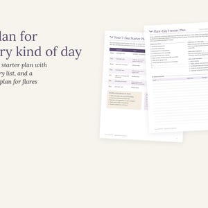 May include: Two white printed documents titled A plan for every kind of day, Your 7-Day Starter Plan, and Flare-Day Freezer Plan. The pages feature organized tables, checklists, and text instructions for meal planning, grocery lists, and freezer storage.