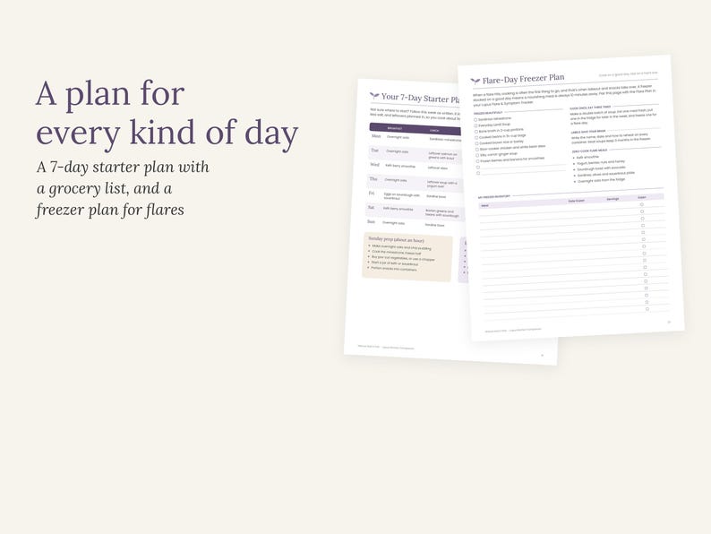 May include: Two white printed documents titled A plan for every kind of day, Your 7-Day Starter Plan, and Flare-Day Freezer Plan. The pages feature organized tables, checklists, and text instructions for meal planning, grocery lists, and freezer storage.