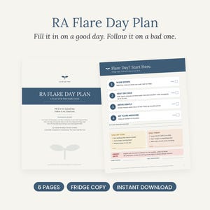 May include: A printable RA Flare Day Plan document featuring a title page and a checklist page. The text includes 'RA Flare Day Plan', 'Fill it in on a good day. Follow it on a bad one.', and 'Flare Day? Start Here.' with numbered steps.