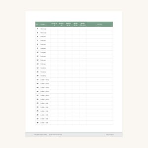 Puede incluir: Una tabla de seguimiento impresa con un encabezado verde salvia que incluye columnas para d&iacute;a, fase, flujo, dolor, energ&iacute;a, estado de &aacute;nimo, niebla mental y notas. Las filas enumeran los d&iacute;as del 4 al 28 con las fases del ciclo correspondientes.