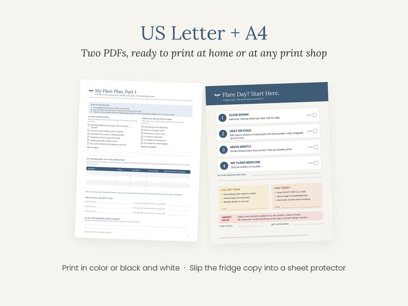 May include: Two printable PDF documents titled My Flare Plan, Part 1 and Flare Day? Start Here. The forms feature checklists, tables, and sections for medical information, contact details, and action steps in blue, peach, and white.