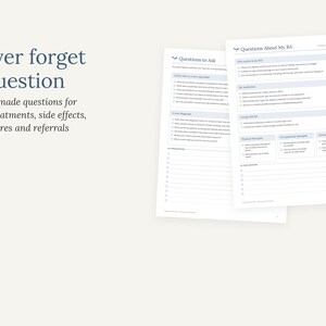 Puede incluir: Dos hojas de papel impresas en blanco con listas de control m&eacute;dicas tituladas Questions to Ask y Questions About My RA. El texto Never forget a question y Ready-made questions for new treatments, side effects, labs, flares and referrals es visible en el lado izquierdo.