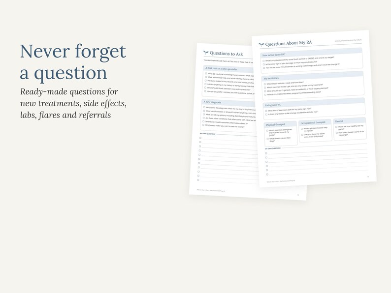 Puede incluir: Dos hojas de papel impresas en blanco con listas de control m&eacute;dicas tituladas Questions to Ask y Questions About My RA. El texto Never forget a question y Ready-made questions for new treatments, side effects, labs, flares and referrals es visible en el lado izquierdo.