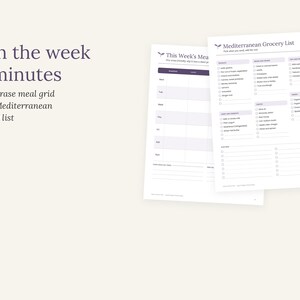 May include: Two white paper sheets featuring a meal planner grid titled This Week's Meal and a Mediterranean Grocery List with checkboxes for various food items. The text Plan the week in minutes is printed on the left side of the image.