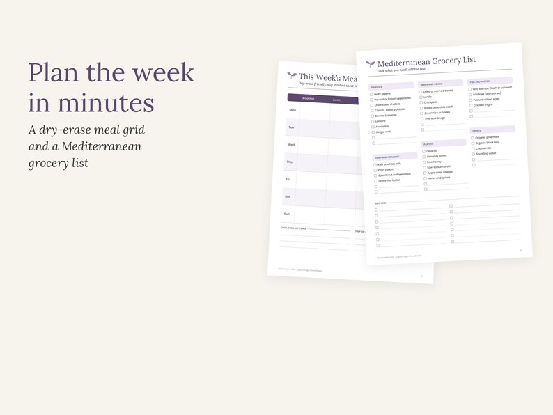 May include: Two white paper sheets featuring a meal planner grid titled This Week's Meal and a Mediterranean Grocery List with checkboxes for various food items. The text Plan the week in minutes is printed on the left side of the image.