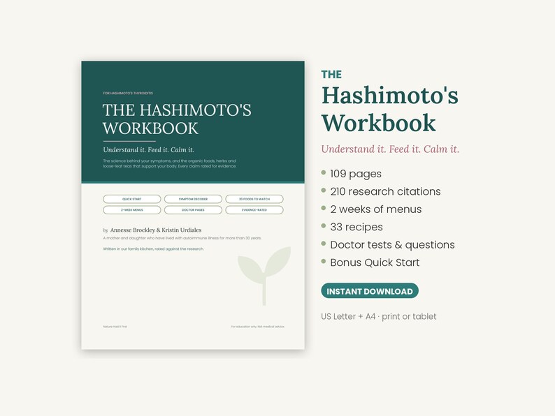 Hashimoto's Workbook Printable, Hypothyroid Diet Guide & 2 Week Meal Plan, Thyroid Food List, Doctor Visit Questions, PDF image 1