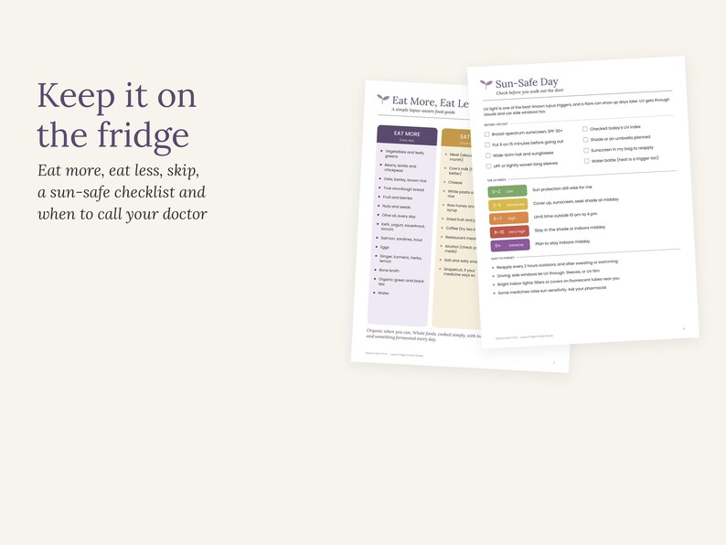 Peut inclure: Deux feuilles d'information imprim&eacute;es intitul&eacute;es Sun-Safe Day et Eat More, Eat Less, Skip. Le texte Keep it on the fridge, Eat more, eat less, skip, a sun-safe checklist and when to call your doctor est affich&eacute; en violet fonc&eacute; &agrave; gauche.