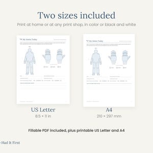 Puede incluir: Un documento de seguimiento de salud titulado My Joints Today, con un esquema del cuerpo humano y diagramas de manos para registrar el dolor. Incluye dos formatos imprimibles: US Letter 8,5 x 11 pulgadas y A4 210 x 297 mm. PDF rellenable.