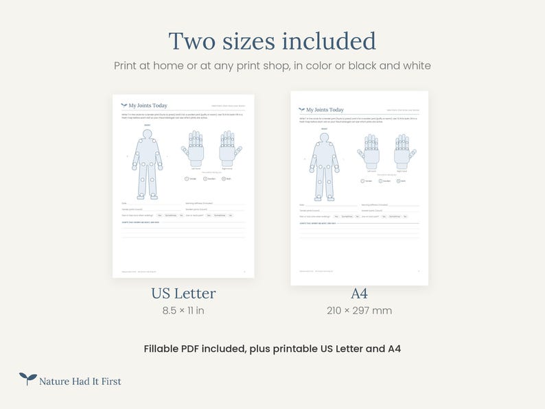 Puede incluir: Un documento de seguimiento de salud titulado My Joints Today, con un esquema del cuerpo humano y diagramas de manos para registrar el dolor. Incluye dos formatos imprimibles: US Letter 8,5 x 11 pulgadas y A4 210 x 297 mm. PDF rellenable.