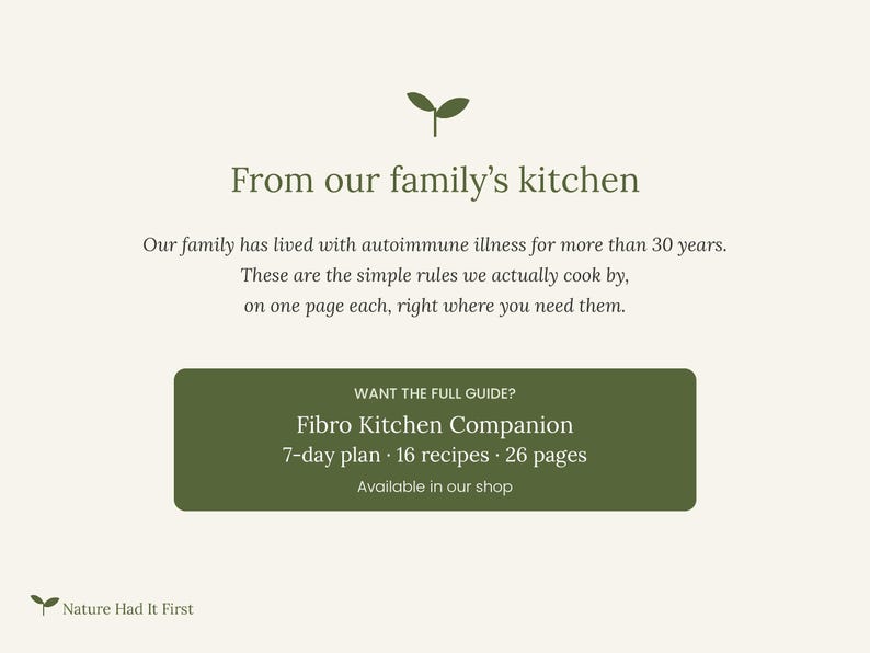 Pu&ograve; includere: Un grafico informativo color crema con un'icona di germoglio verde scuro e il testo: From our family's kitchen. Our family has lived with autoimmune illness for more than 30 years. These are the simple rules we actually cook by, on one page each, right where you need them. Un rettangolo verde scuro contiene: WANT THE FULL GUIDE? Fibro Kitchen Companion 7-day plan 16 recipes 26 pages Available in our shop. In basso a sinistra, un'icona di germoglio e il testo: Nature Had It First.