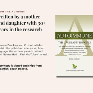Pu&ograve; includere: Un libro intitolato Autoimmune: The Cause and The Cure, terza edizione, di Annesse Brockley e Kristin Urdiales. La copertina presenta una grande lettera A, un'icona a forma di foglia verde e un testo che elenca varie patologie come il lupus.