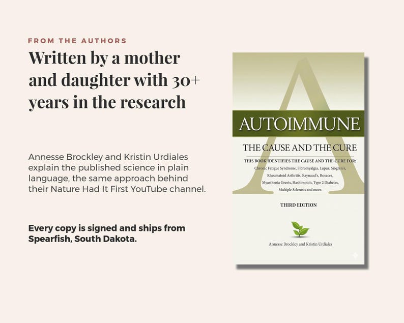 Pu&ograve; includere: Un libro intitolato Autoimmune: The Cause and The Cure, terza edizione, di Annesse Brockley e Kristin Urdiales. La copertina presenta una grande lettera A, un'icona a forma di foglia verde e un testo che elenca varie patologie come il lupus.