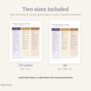 May include: Two printable food guide charts titled Eat More, Eat Less, Skip. The charts are organised into three colour-coded columns: purple, yellow, and tan. The US Letter version measures 8.5 by 11 inches, and the A4 version measures 210 by 297 mm.