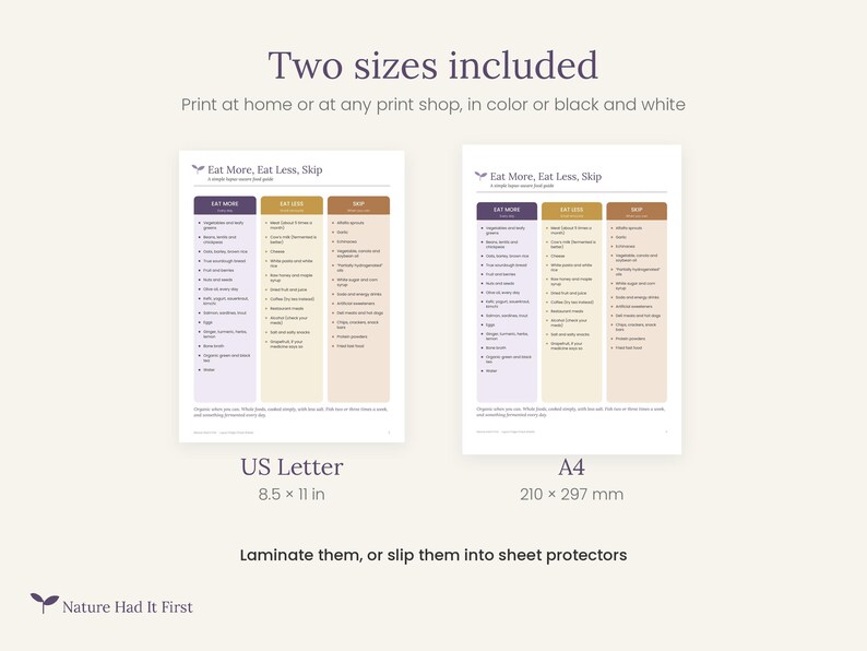 May include: Two printable food guide charts titled Eat More, Eat Less, Skip. The charts are organised into three colour-coded columns: purple, yellow, and tan. The US Letter version measures 8.5 by 11 inches, and the A4 version measures 210 by 297 mm.
