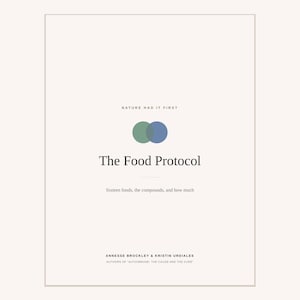 K&ouml;nnte beinhalten: Ein Buchcover mit cremefarbenem Hintergrund und dem Text Nature Had It First, The Food Protocol, Sixteen foods, the compounds, and how much sowie Annesse Brockley & Kristin Urdiales. Ein Symbol aus zwei &uuml;berlappenden Kreisen ist zentriert.
