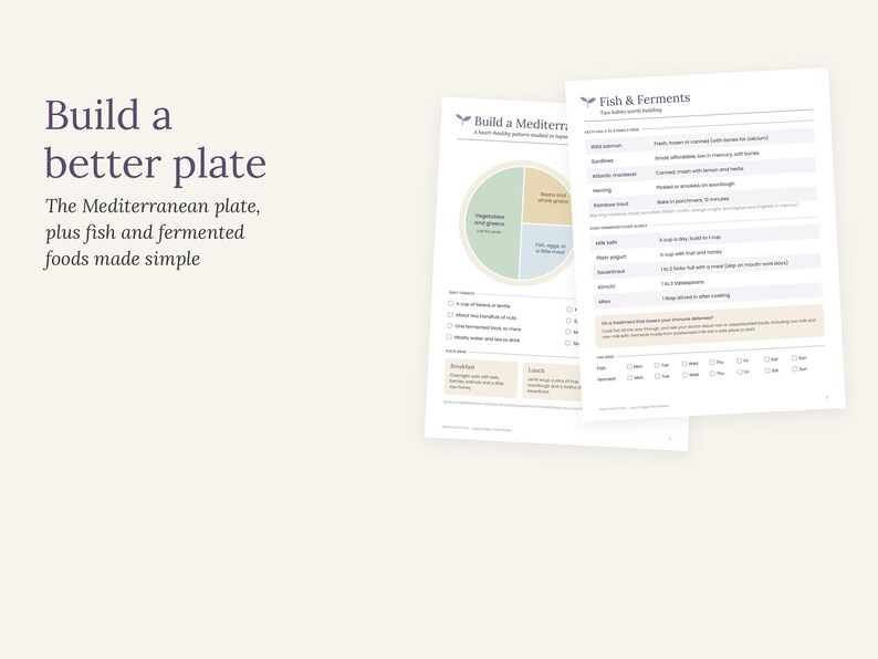 May include: Two white informational sheets titled Build a Mediterranean Plate and Fish & Ferments. The documents feature a circular pie chart, lists of food items, and checkboxes for tracking daily consumption, all printed in dark text on a white background.