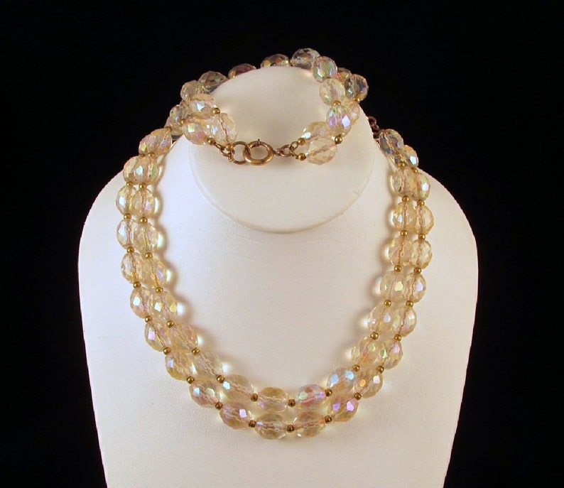 Necklace Bracelet Czech Fire Polished AB Faceted Beads Vintage Double Strand