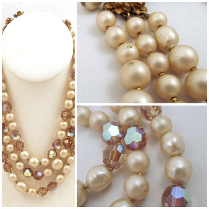 DeMario Multistrand Necklace Champagne Crystals Faux Baroque Pearls Rhinestone Clasp Vintage
